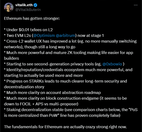 Vitalik Buterin forsvarer Ethereum grunnleggende, Kilde: X Post