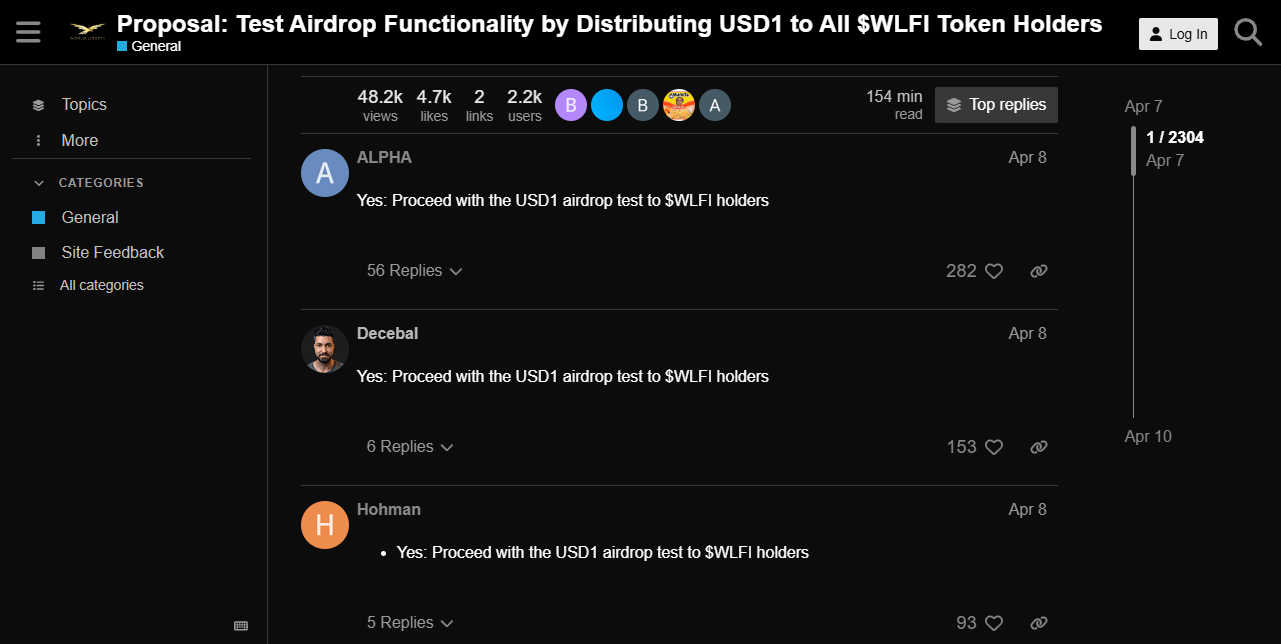 Fellesskapets svar på USD1 airdrop-forslaget