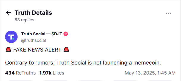 Truth Social avviser meme coin-rykter