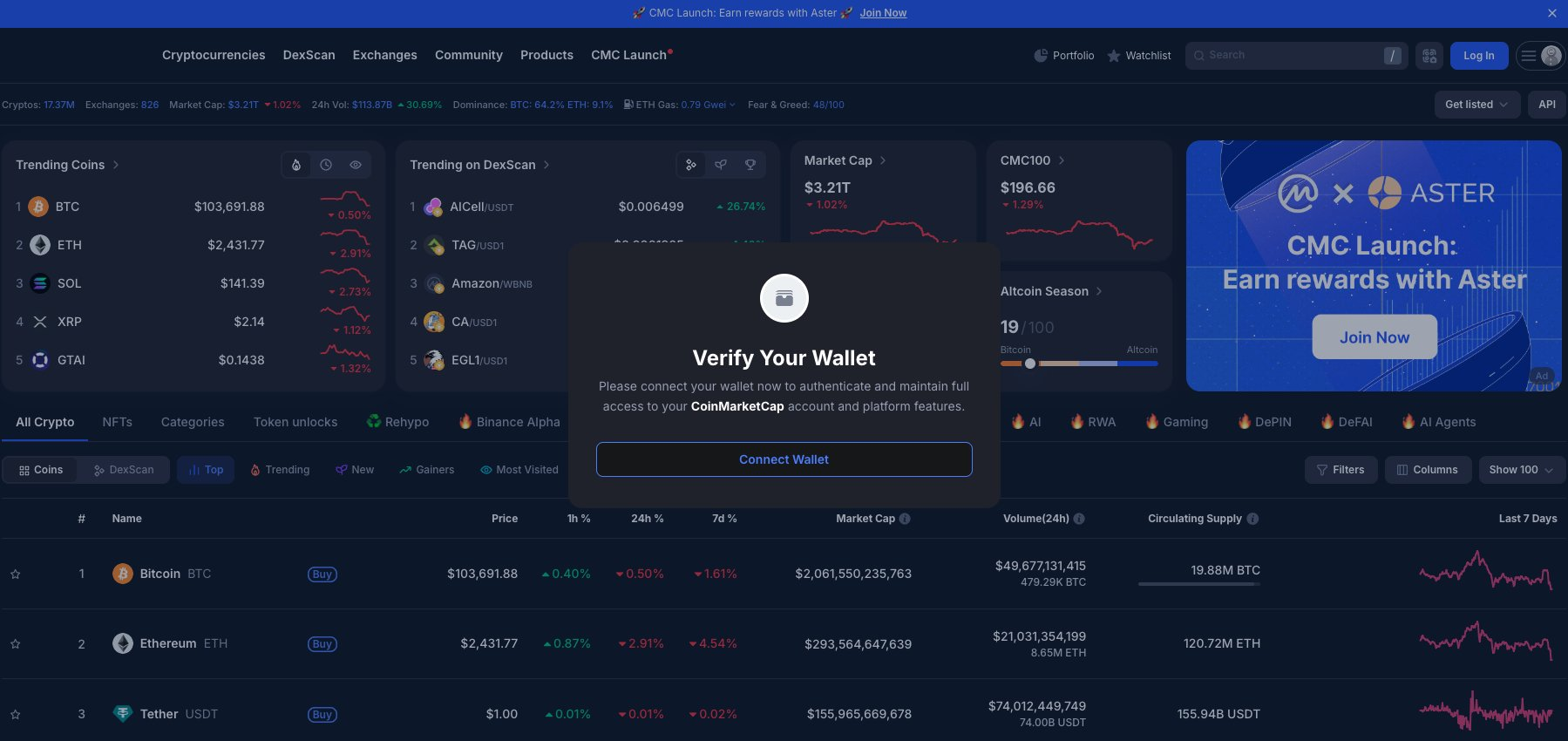 Den ondsinnede pop-up-meldingen på CoinMarketCap-hjemmesiden.