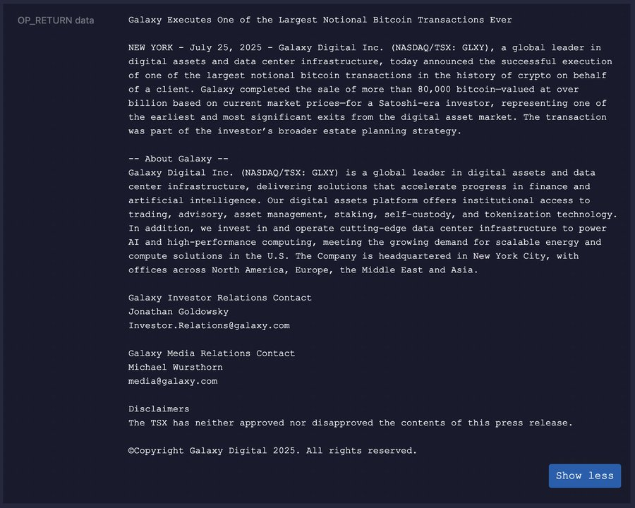 Galaxy Digitals innebygde melding på Bitcoin-nettverket.