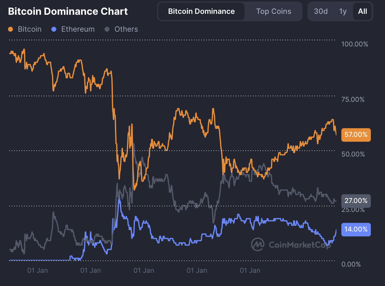 Bitcoin fortsetter å dominere kryptomarkedet. Kilde: CoinMarketCap.